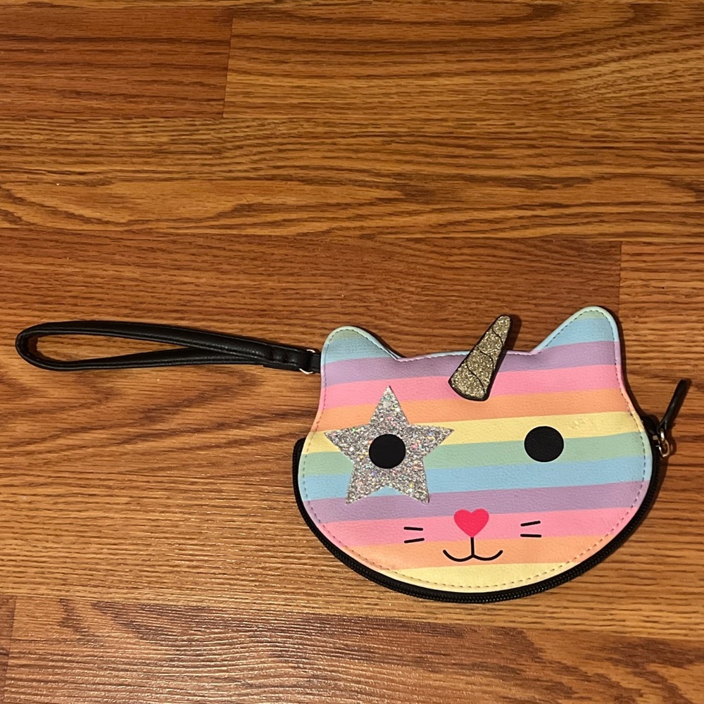 Betsey Johnson Pink and Black Unicorn Cat Wristlet